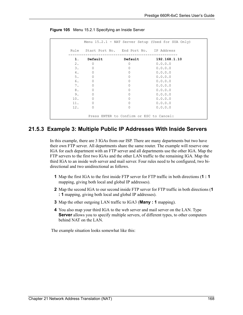 Figure 105 menu 15.2.1 specifying an inside server | ZyXEL Communications ADSL/ADSL2/ADSL2+ Router 660R-6xC Series User Manual | Page 169 / 282