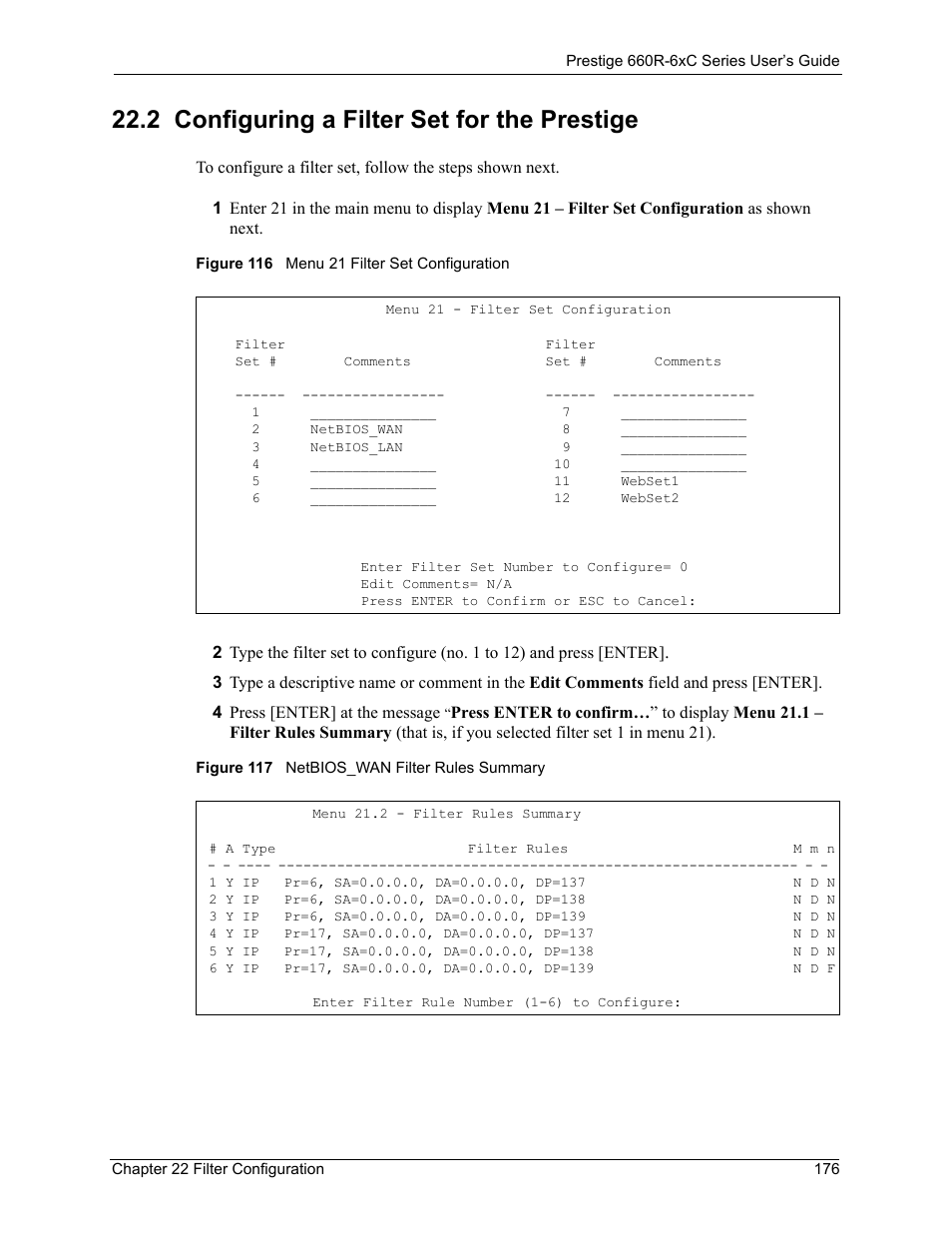 2 configuring a filter set for the prestige | ZyXEL Communications ADSL/ADSL2/ADSL2+ Router 660R-6xC Series User Manual | Page 177 / 282