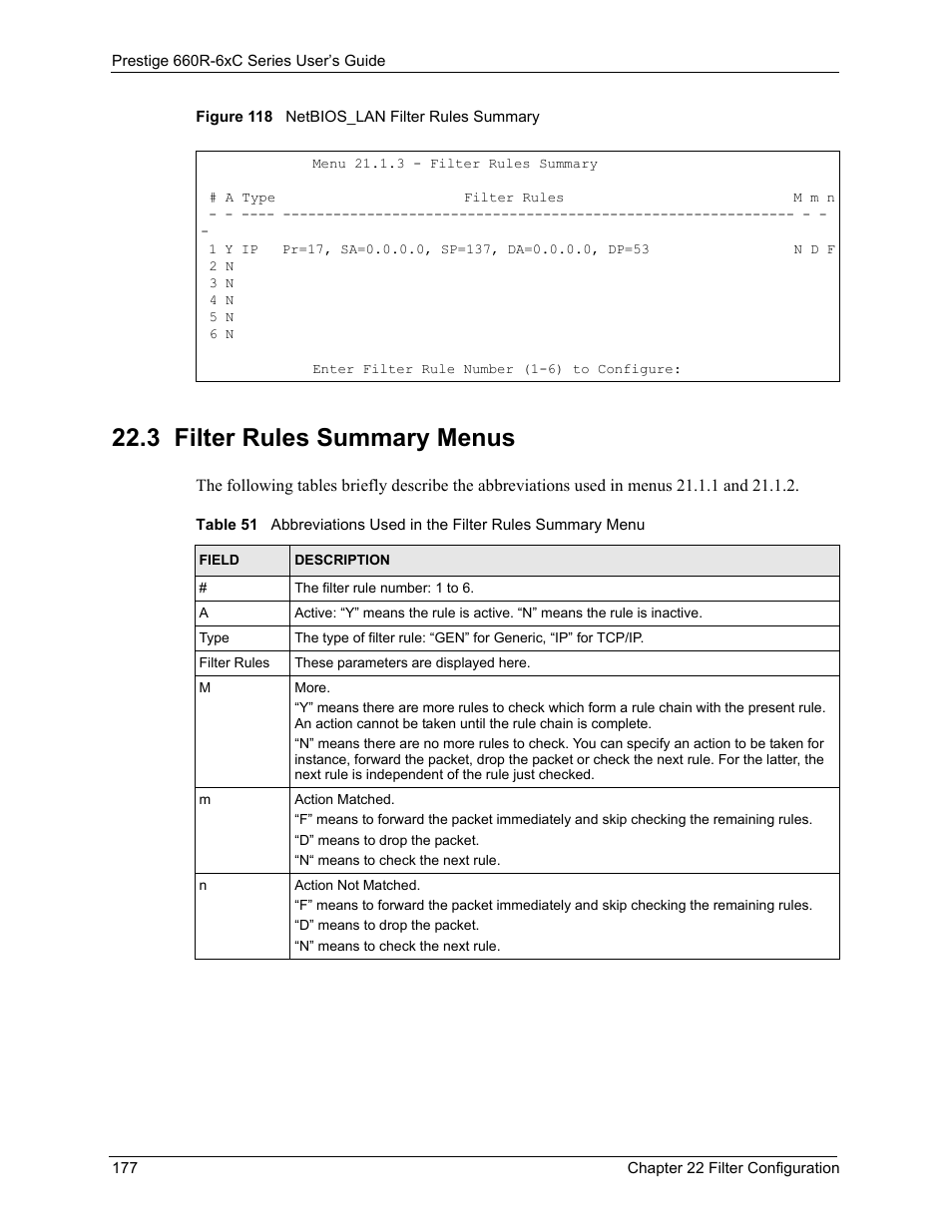 3 filter rules summary menus, Figure 118 netbios_lan filter rules summary | ZyXEL Communications ADSL/ADSL2/ADSL2+ Router 660R-6xC Series User Manual | Page 178 / 282
