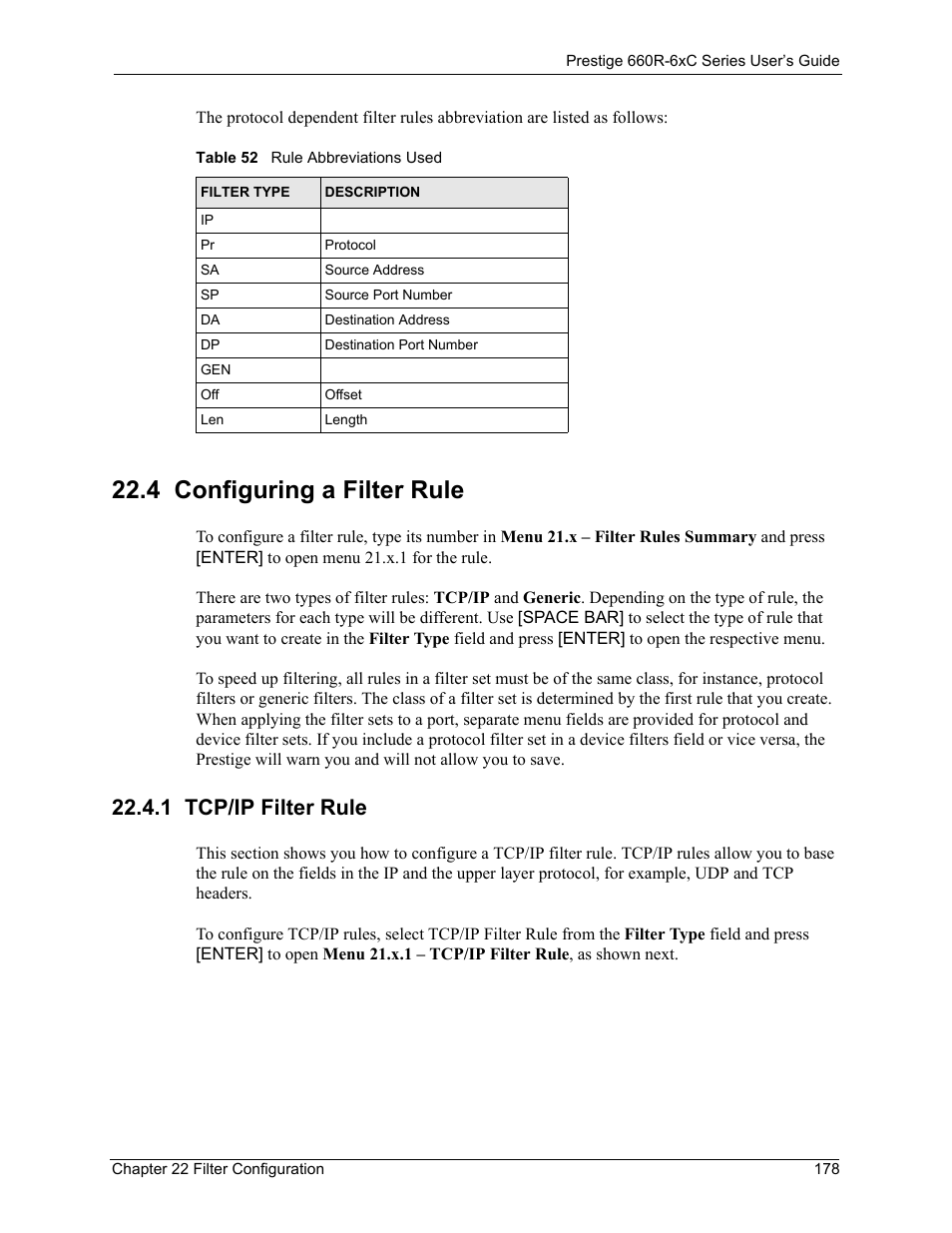 4 configuring a filter rule, 1 tcp/ip filter rule, Table 52 rule abbreviations used | ZyXEL Communications ADSL/ADSL2/ADSL2+ Router 660R-6xC Series User Manual | Page 179 / 282