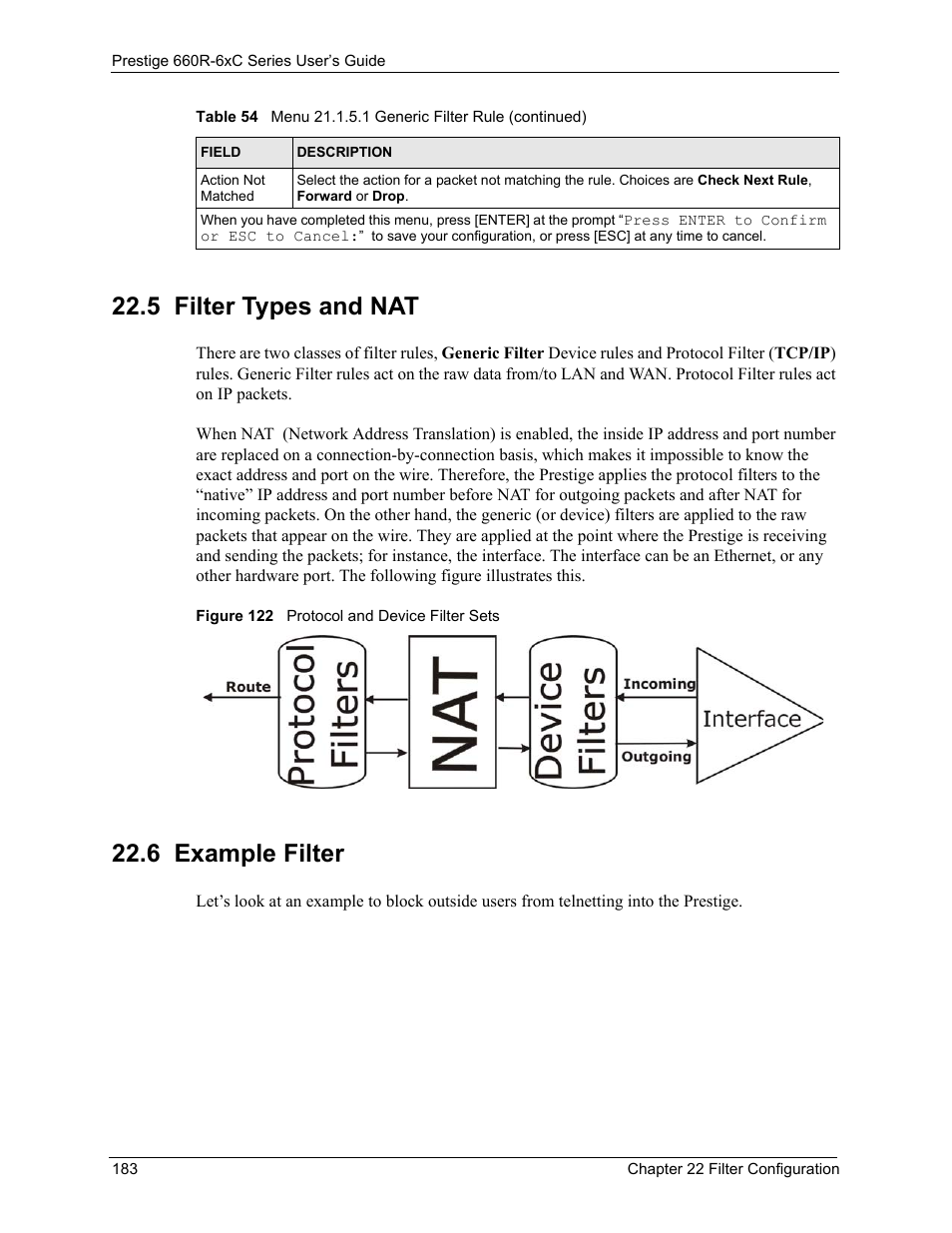 5 filter types and nat, 6 example filter, 5 filter types and nat 22.6 example filter | Figure 122 protocol and device filter sets | ZyXEL Communications ADSL/ADSL2/ADSL2+ Router 660R-6xC Series User Manual | Page 184 / 282