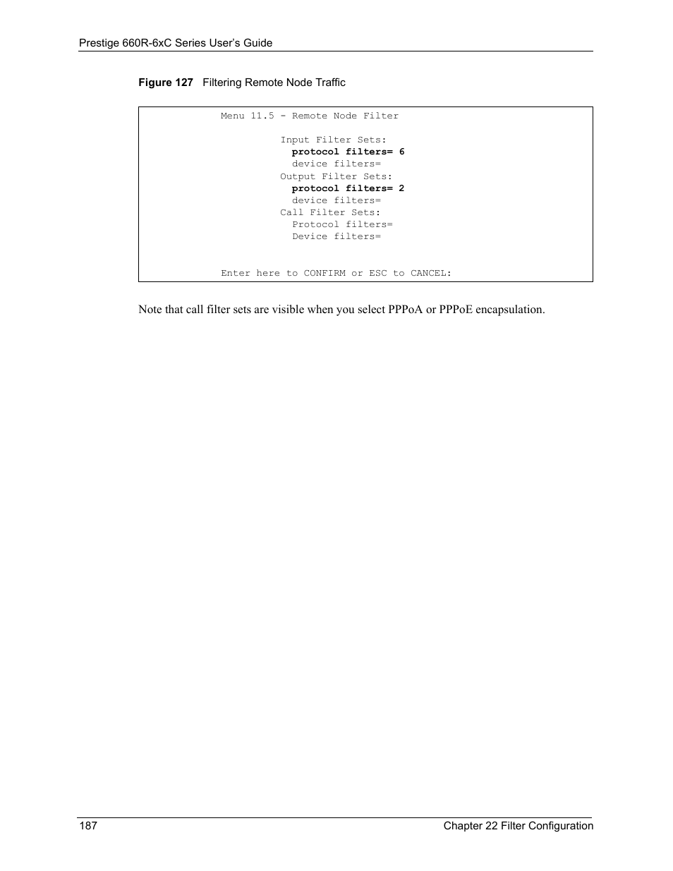 Figure 127 filtering remote node traffic | ZyXEL Communications ADSL/ADSL2/ADSL2+ Router 660R-6xC Series User Manual | Page 188 / 282