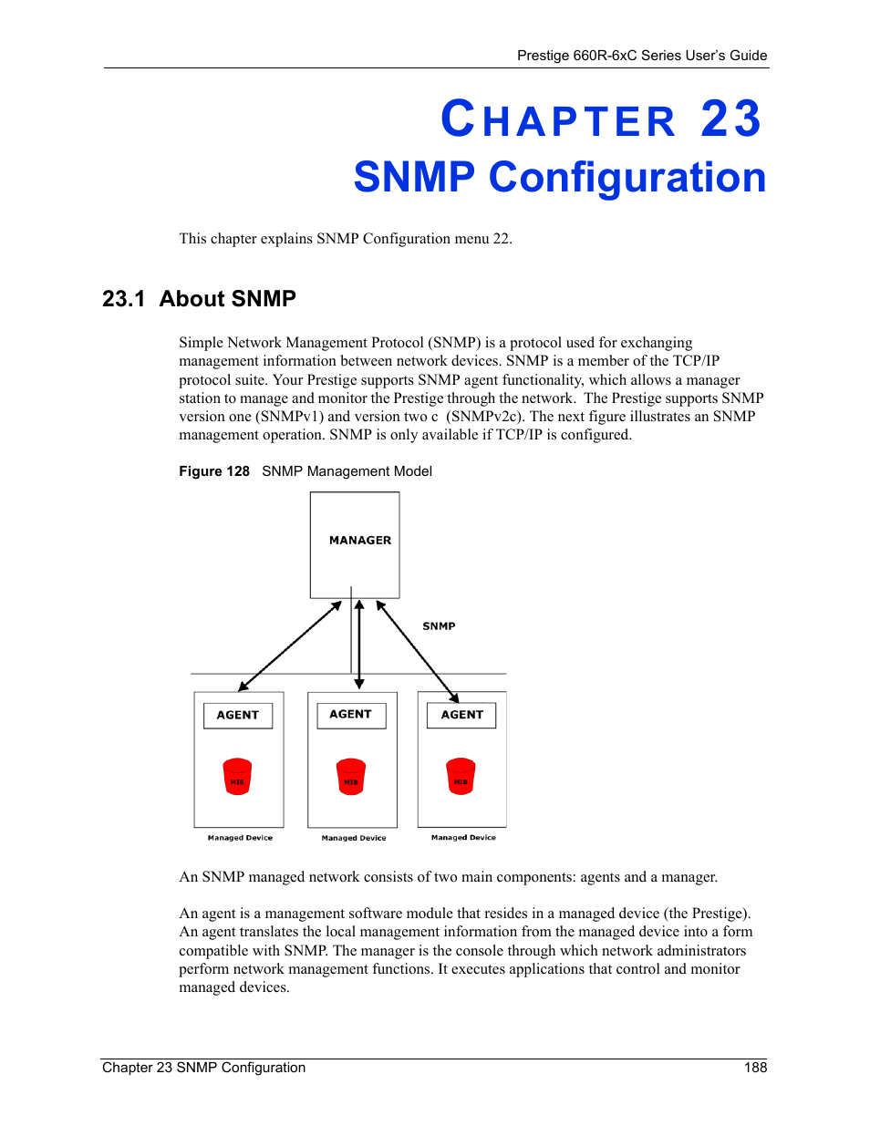 Snmp configuration, 1 about snmp, Chapter 23 snmp configuration | Figure 128 snmp management model | ZyXEL Communications ADSL/ADSL2/ADSL2+ Router 660R-6xC Series User Manual | Page 189 / 282