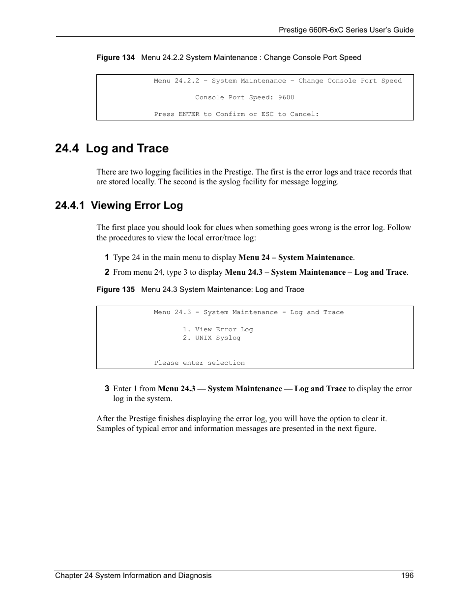 4 log and trace, 1 viewing error log | ZyXEL Communications ADSL/ADSL2/ADSL2+ Router 660R-6xC Series User Manual | Page 197 / 282