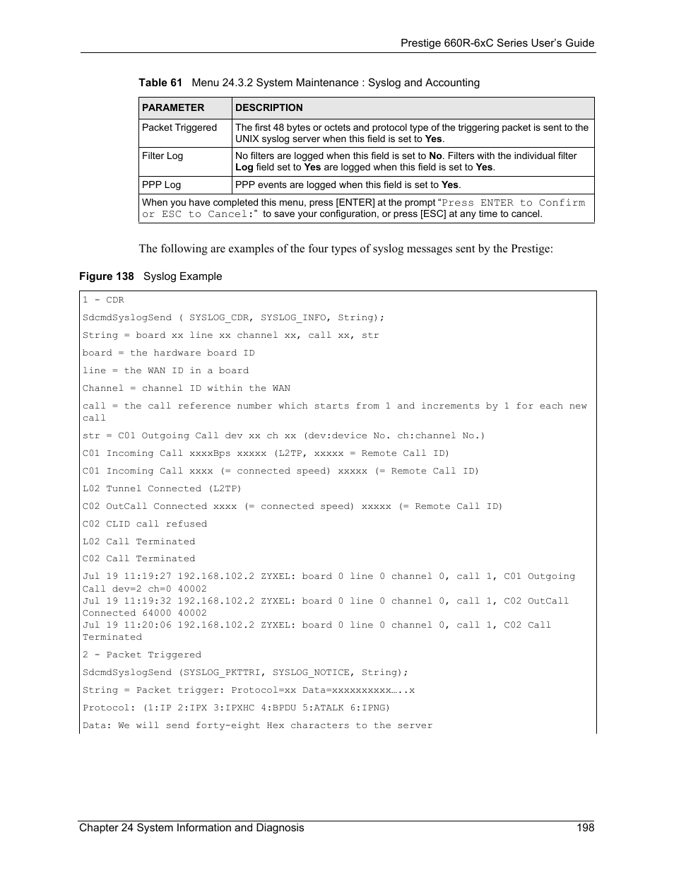 Figure 138 syslog example | ZyXEL Communications ADSL/ADSL2/ADSL2+ Router 660R-6xC Series User Manual | Page 199 / 282