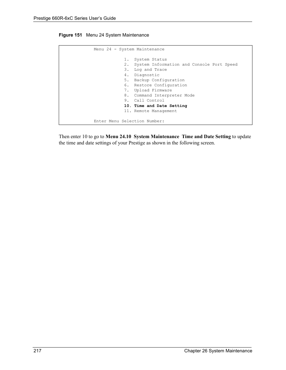 Figure 151 menu 24 system maintenance | ZyXEL Communications ADSL/ADSL2/ADSL2+ Router 660R-6xC Series User Manual | Page 218 / 282