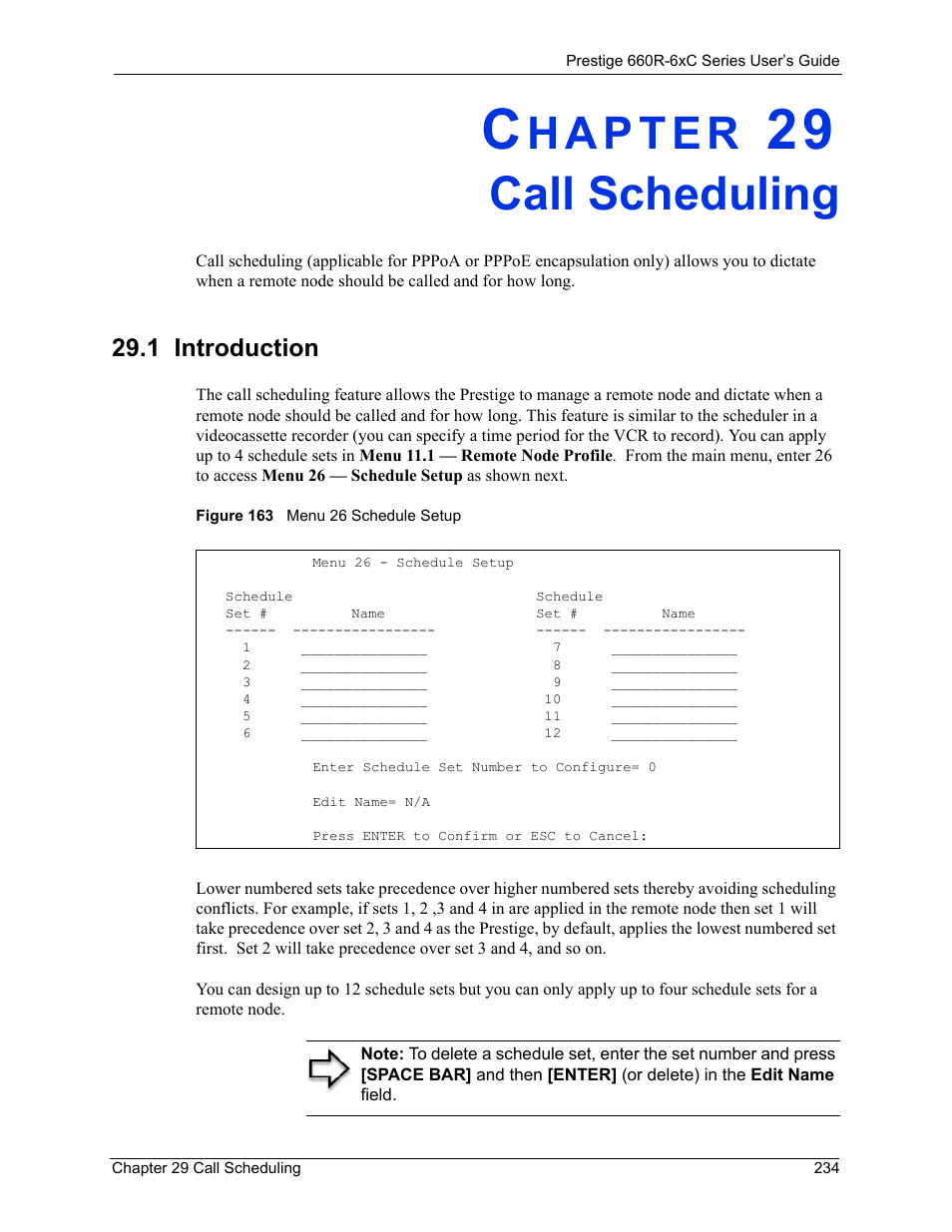 Call scheduling, 1 introduction, Chapter 29 call scheduling | Figure 163 menu 26 schedule setup, R to, Chapter 29 call, Scheduling | ZyXEL Communications ADSL/ADSL2/ADSL2+ Router 660R-6xC Series User Manual | Page 235 / 282