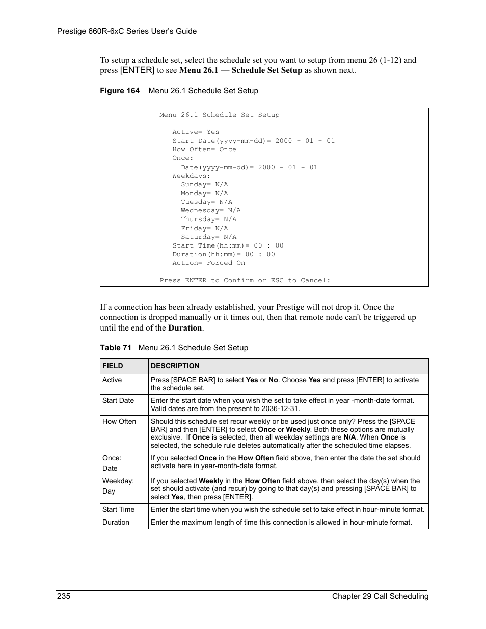 Figure 164 menu 26.1 schedule set setup, Table 71 menu 26.1 schedule set setup | ZyXEL Communications ADSL/ADSL2/ADSL2+ Router 660R-6xC Series User Manual | Page 236 / 282