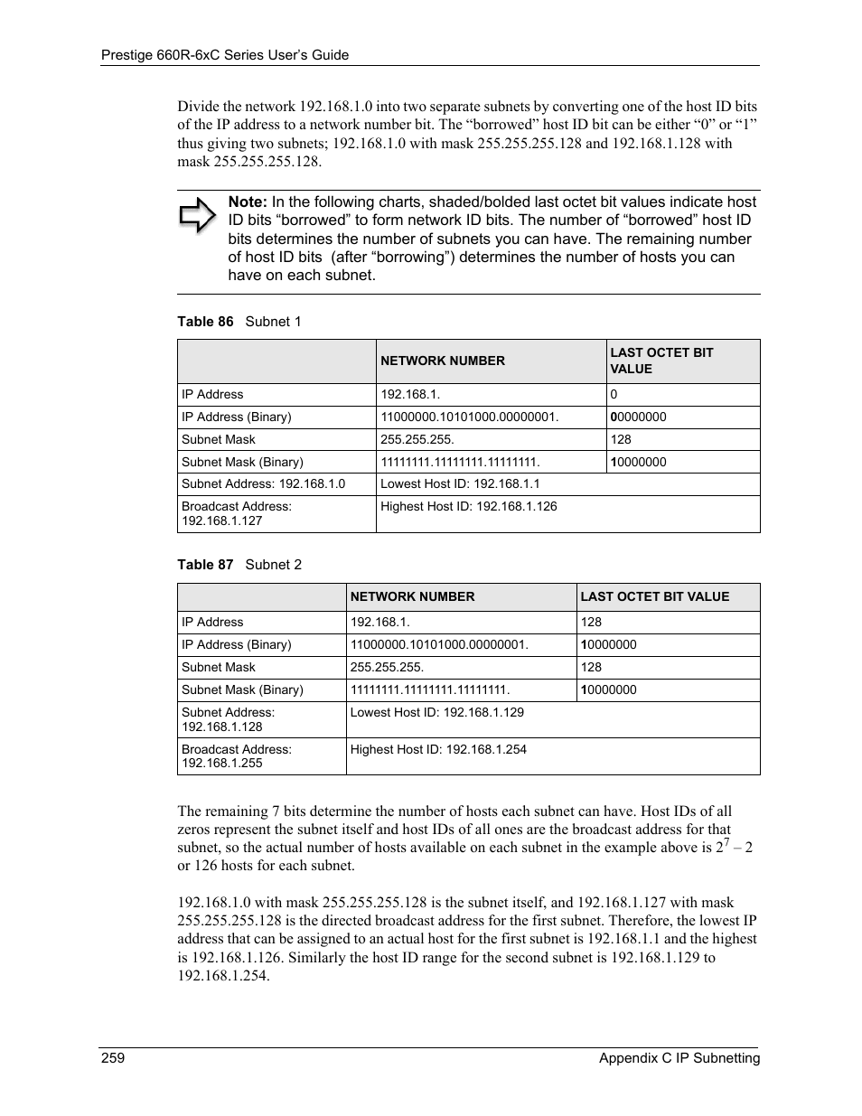 Table 86 subnet 1 table 87 subnet 2 | ZyXEL Communications ADSL/ADSL2/ADSL2+ Router 660R-6xC Series User Manual | Page 260 / 282