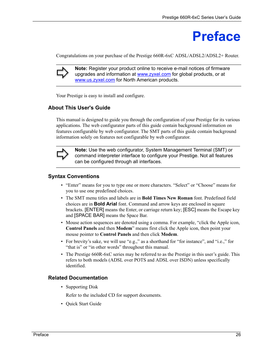 Preface | ZyXEL Communications ADSL/ADSL2/ADSL2+ Router 660R-6xC Series User Manual | Page 27 / 282