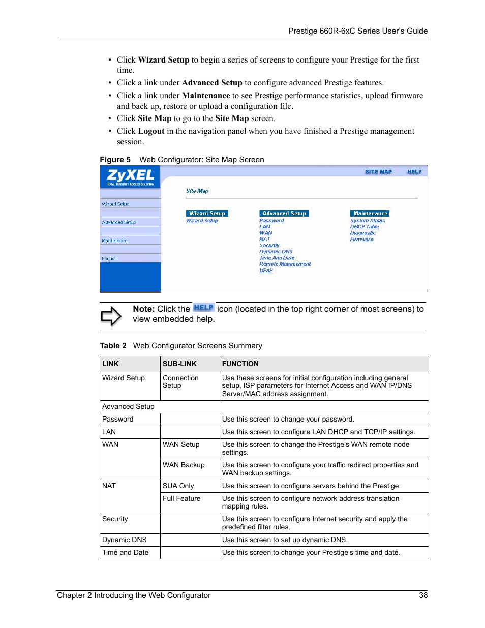 Figure 5 web configurator: site map screen, Table 2 web configurator screens summary | ZyXEL Communications ADSL/ADSL2/ADSL2+ Router 660R-6xC Series User Manual | Page 39 / 282