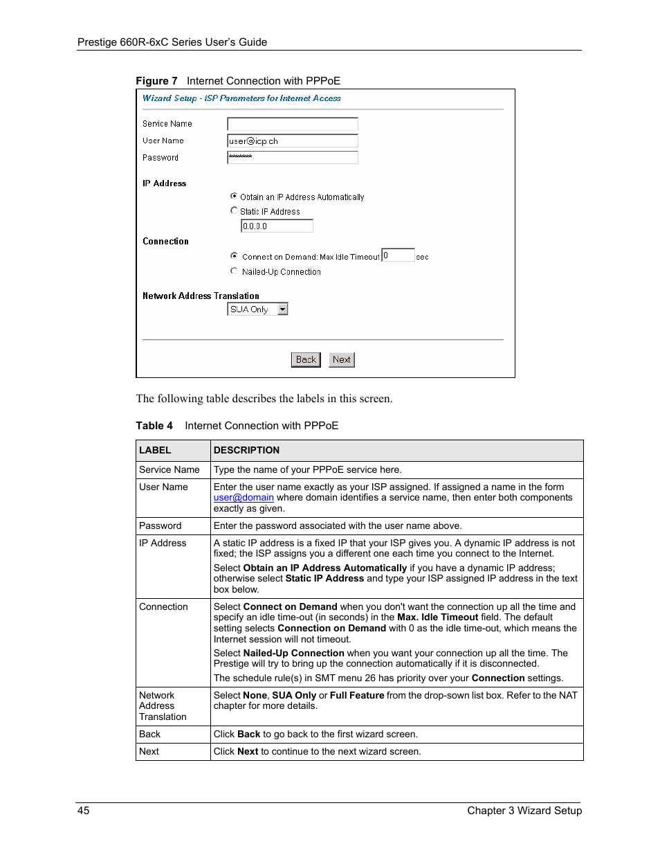 Figure 7 internet connection with pppoe, Table 4 internet connection with pppoe | ZyXEL Communications ADSL/ADSL2/ADSL2+ Router 660R-6xC Series User Manual | Page 46 / 282