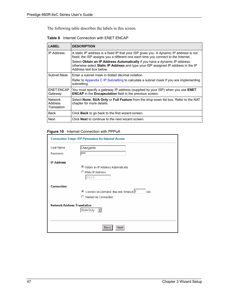 Figure 10 internet connection with pppoa, Table 6 internet connection with enet encap | ZyXEL Communications ADSL/ADSL2/ADSL2+ Router 660R-6xC Series User Manual | Page 48 / 282