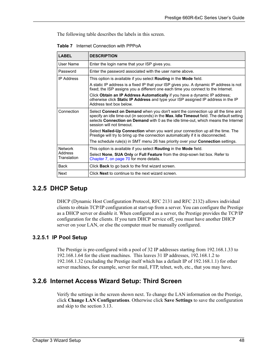 5 dhcp setup, 1 ip pool setup, 6 internet access wizard setup: third screen | Table 7 internet connection with pppoa | ZyXEL Communications ADSL/ADSL2/ADSL2+ Router 660R-6xC Series User Manual | Page 49 / 282