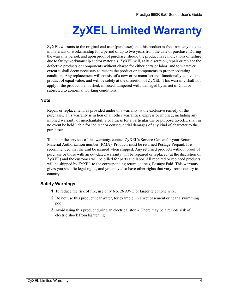 Zyxel limited warranty | ZyXEL Communications ADSL/ADSL2/ADSL2+ Router 660R-6xC Series User Manual | Page 5 / 282