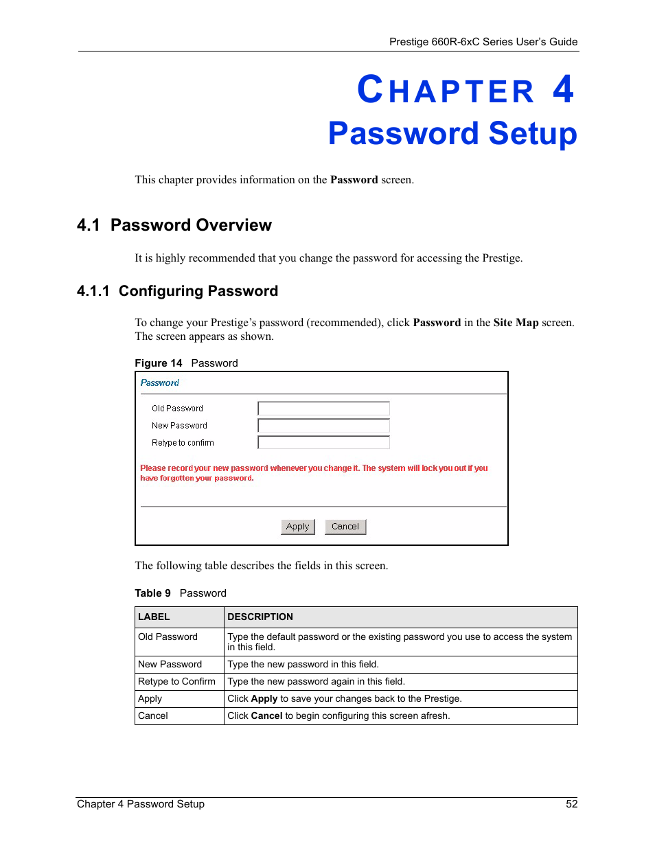 Password setup, 1 password overview, 1 configuring password | Chapter 4 password setup, Figure 14 password, Table 9 password | ZyXEL Communications ADSL/ADSL2/ADSL2+ Router 660R-6xC Series User Manual | Page 53 / 282