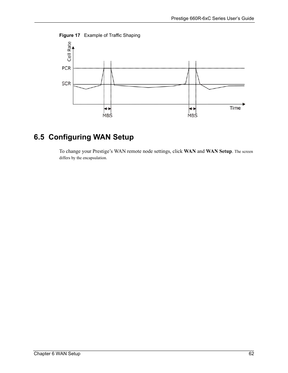 5 configuring wan setup, Figure 17 example of traffic shaping, The configuring wan setup section | ZyXEL Communications ADSL/ADSL2/ADSL2+ Router 660R-6xC Series User Manual | Page 63 / 282