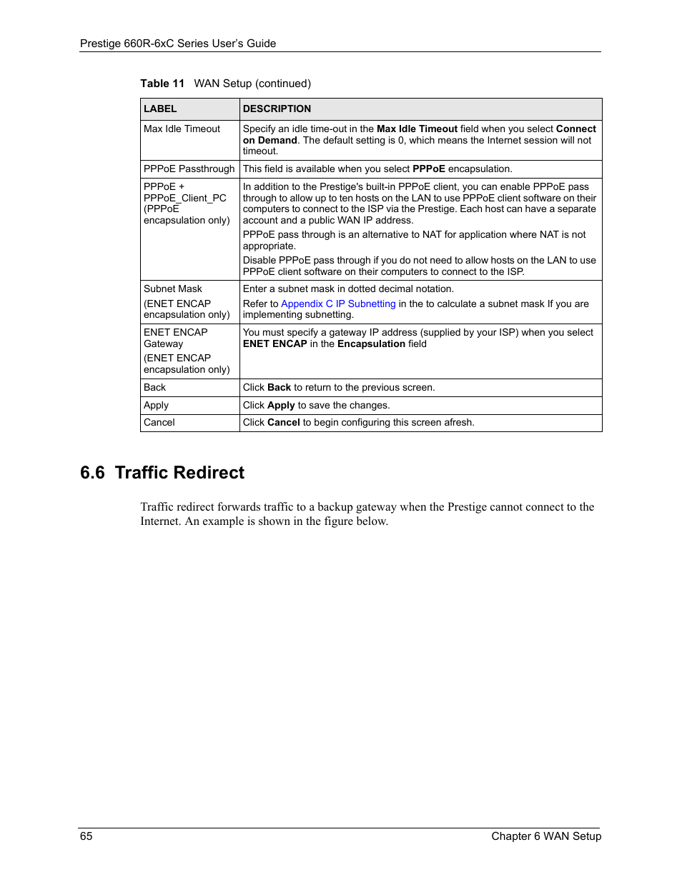 6 traffic redirect, The traffic redirect section | ZyXEL Communications ADSL/ADSL2/ADSL2+ Router 660R-6xC Series User Manual | Page 66 / 282