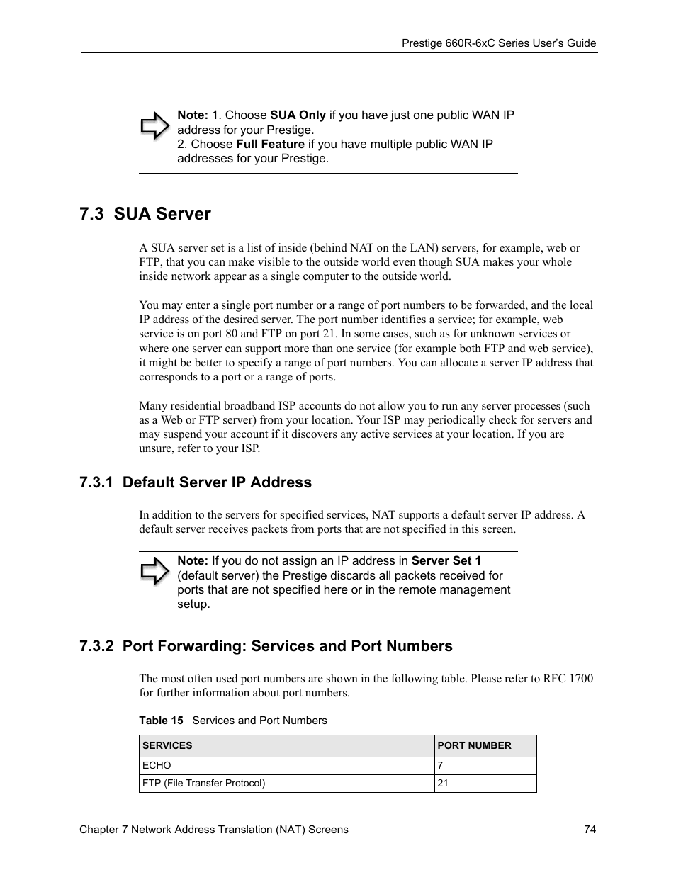 3 sua server, 1 default server ip address, 2 port forwarding: services and port numbers | Table 15 services and port numbers | ZyXEL Communications ADSL/ADSL2/ADSL2+ Router 660R-6xC Series User Manual | Page 75 / 282