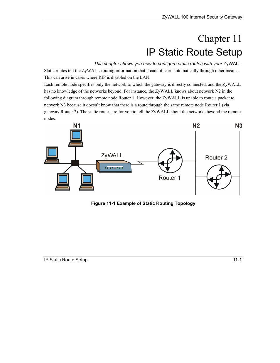 Ip static route setup, Chapter 11 ip static route setup | ZyXEL Communications Internet Security Gateway ZyWALL 100 User Manual | Page 110 / 356