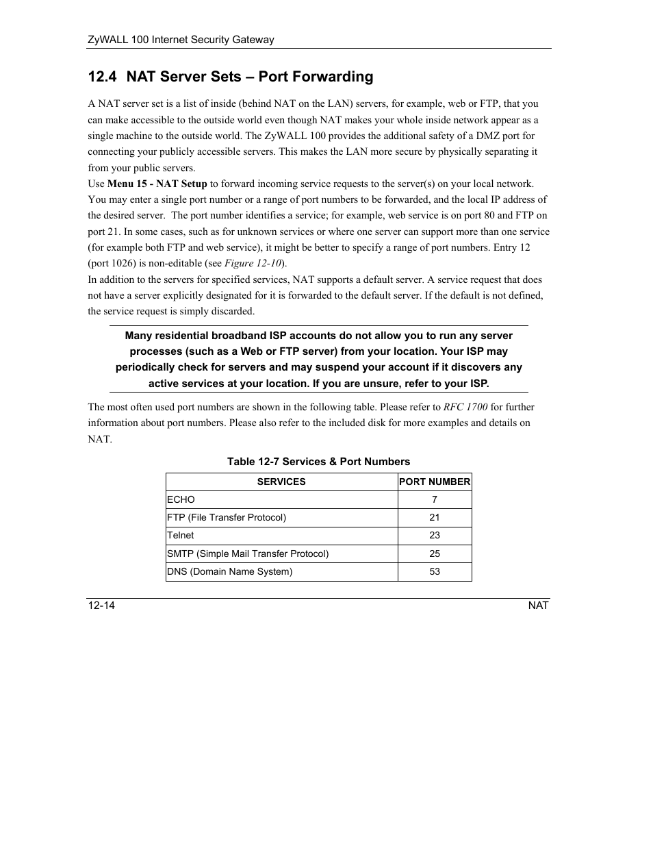 Nat server sets – port forwarding, 4 nat server sets – port forwarding | ZyXEL Communications Internet Security Gateway ZyWALL 100 User Manual | Page 127 / 356