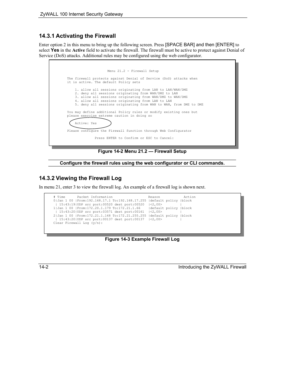 1 activating the firewall, 2 viewing the firewall log | ZyXEL Communications Internet Security Gateway ZyWALL 100 User Manual | Page 158 / 356