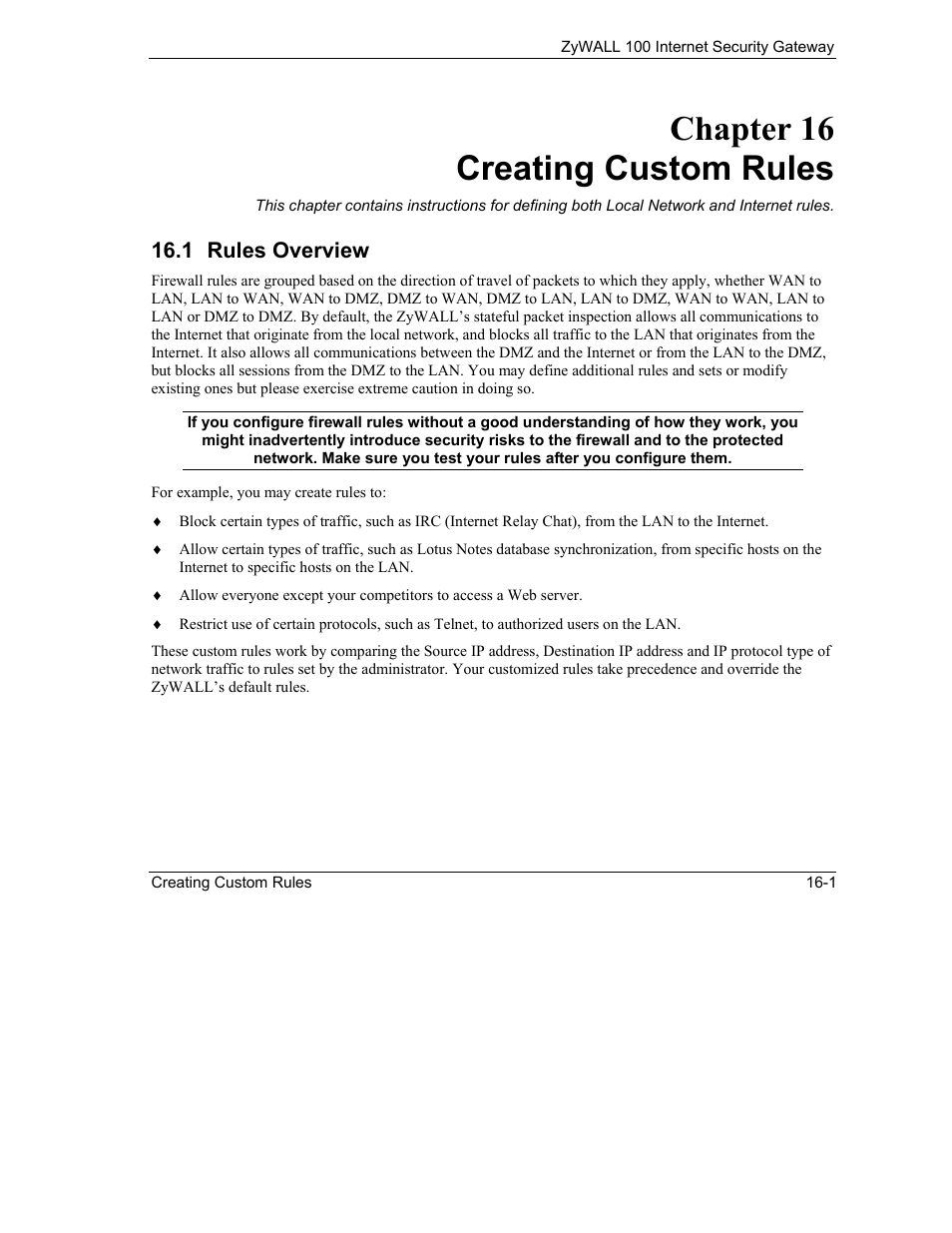 Creating custom rules, Rules overview, Chapter 16 creating custom rules | ZyXEL Communications Internet Security Gateway ZyWALL 100 User Manual | Page 171 / 356