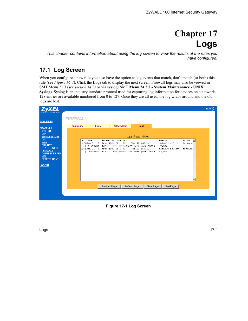 Logs, Log screen, Chapter 17 logs | ZyXEL Communications Internet Security Gateway ZyWALL 100 User Manual | Page 191 / 356