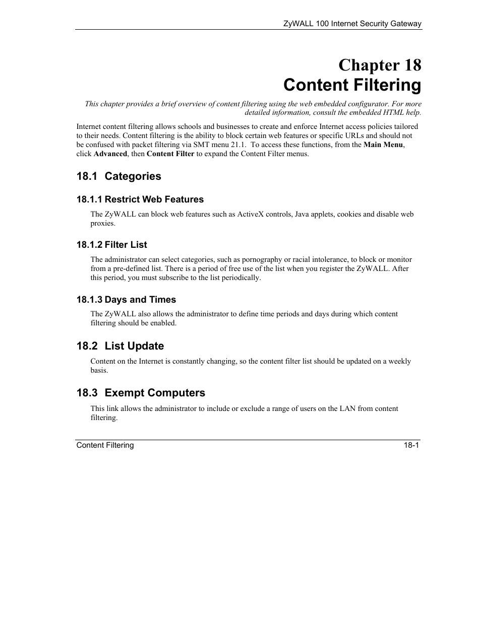 Content filtering, Categories, List update | Exempt computers, Chapter 18 content filtering | ZyXEL Communications Internet Security Gateway ZyWALL 100 User Manual | Page 193 / 356