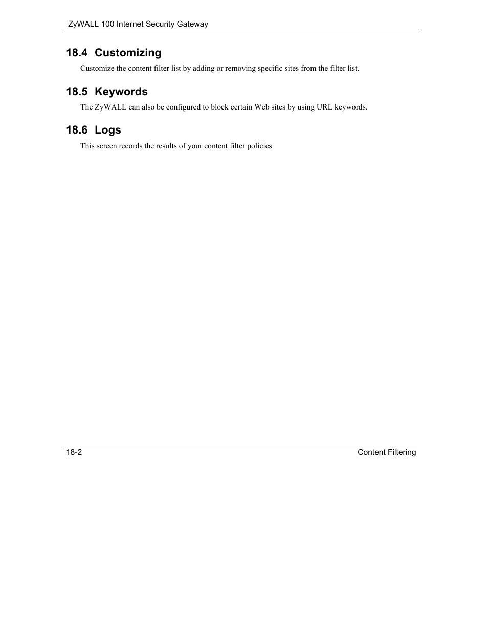Customizing, Keywords, Logs | 4 customizing, 5 keywords, 6 logs | ZyXEL Communications Internet Security Gateway ZyWALL 100 User Manual | Page 194 / 356