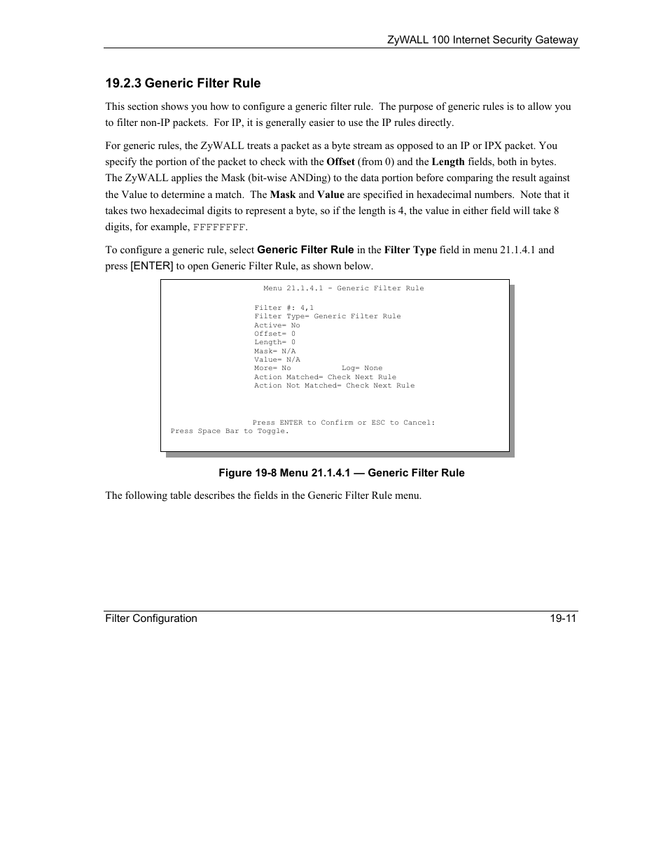 3 generic filter rule | ZyXEL Communications Internet Security Gateway ZyWALL 100 User Manual | Page 206 / 356