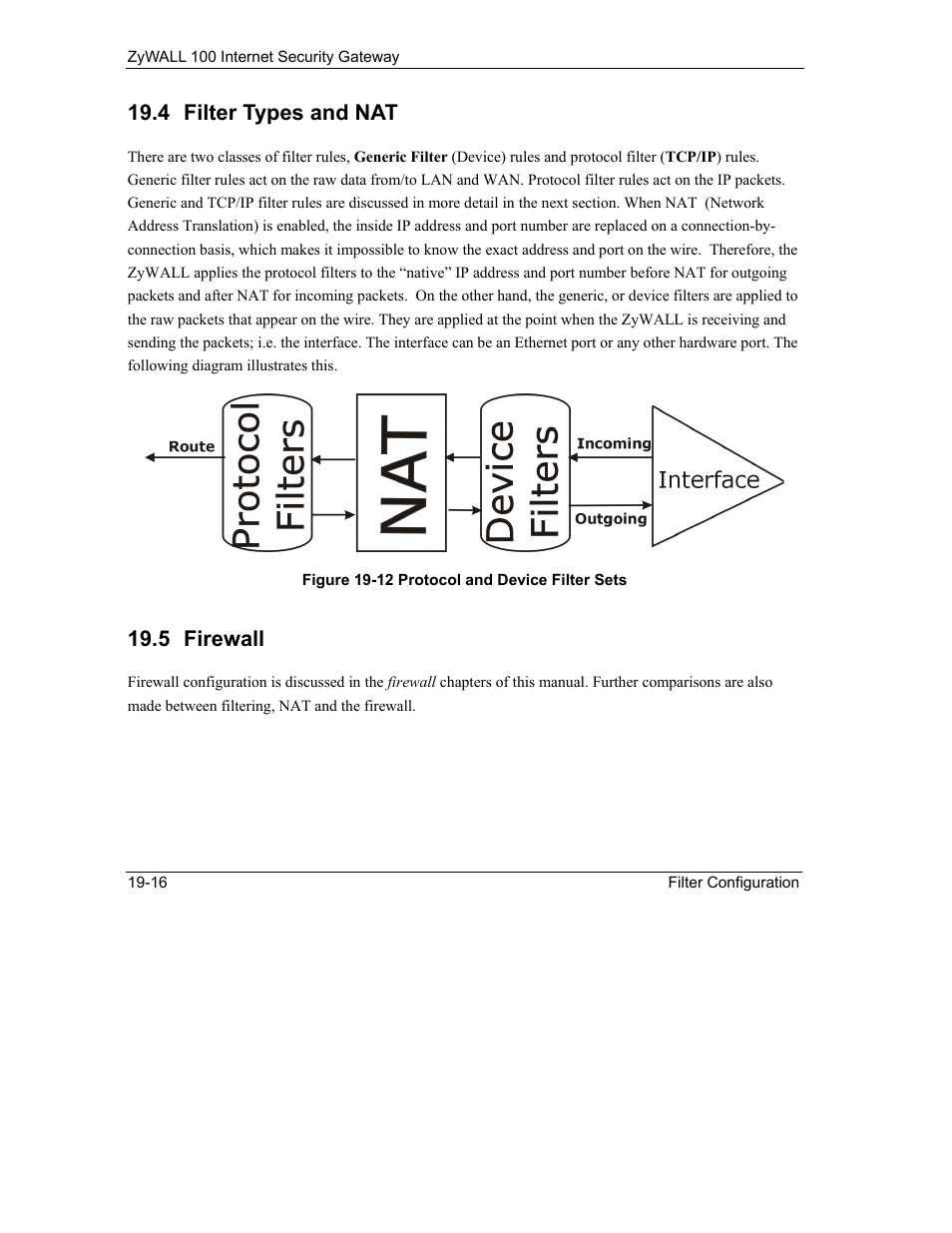 Filter types and nat, Firewall, 4 filter types and nat | 5 firewall | ZyXEL Communications Internet Security Gateway ZyWALL 100 User Manual | Page 211 / 356