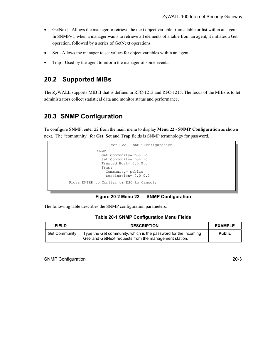 Supported mibs, Snmp configuration, 2 supported mibs | 3 snmp configuration | ZyXEL Communications Internet Security Gateway ZyWALL 100 User Manual | Page 216 / 356