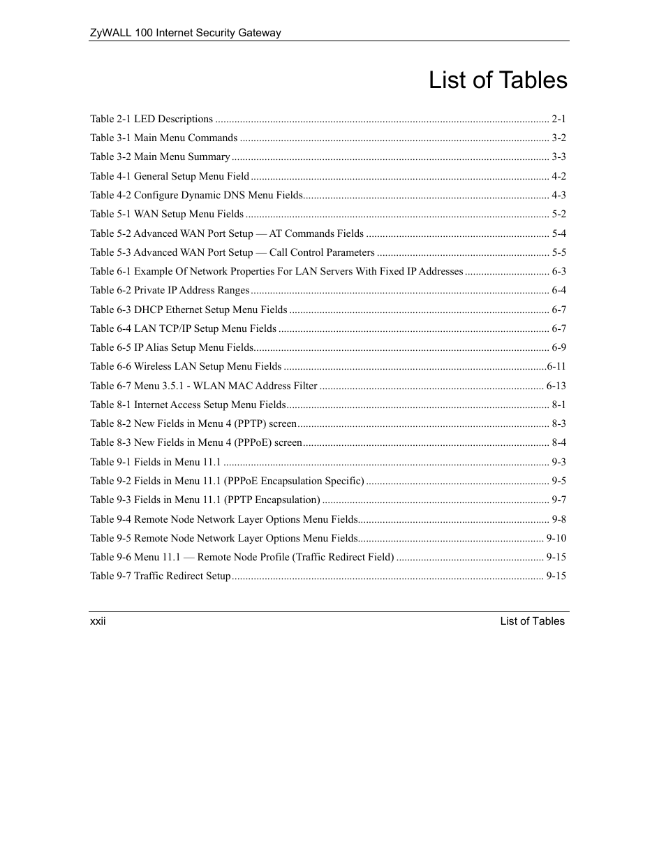 List of tables | ZyXEL Communications Internet Security Gateway ZyWALL 100 User Manual | Page 22 / 356