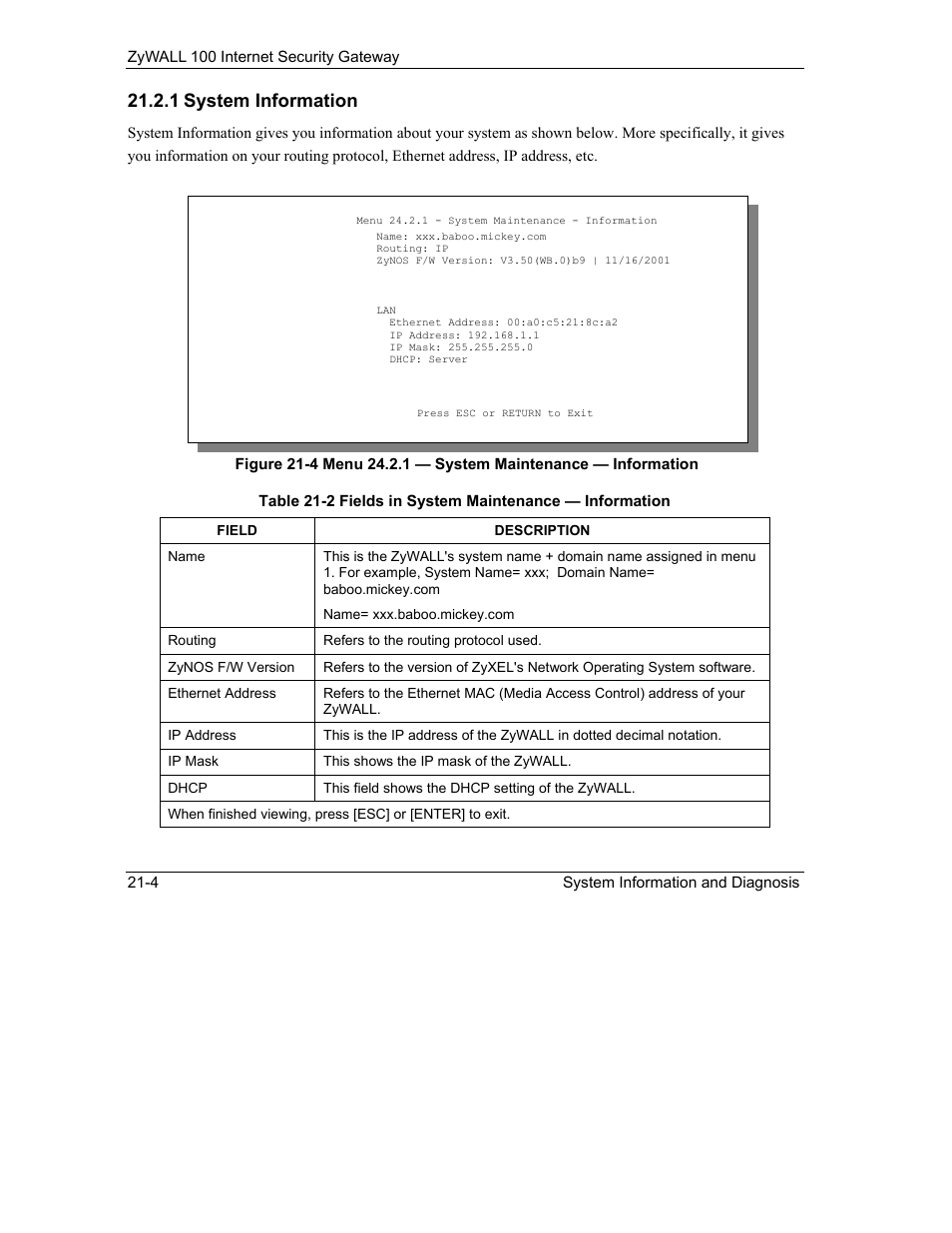 1 system information | ZyXEL Communications Internet Security Gateway ZyWALL 100 User Manual | Page 221 / 356