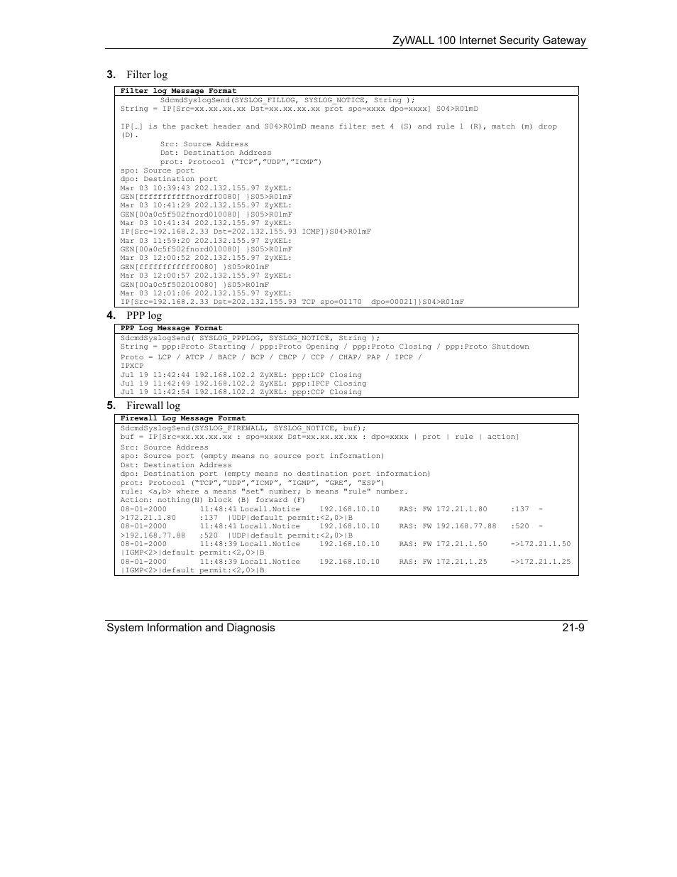 Ppp log, Firewall log | ZyXEL Communications Internet Security Gateway ZyWALL 100 User Manual | Page 226 / 356
