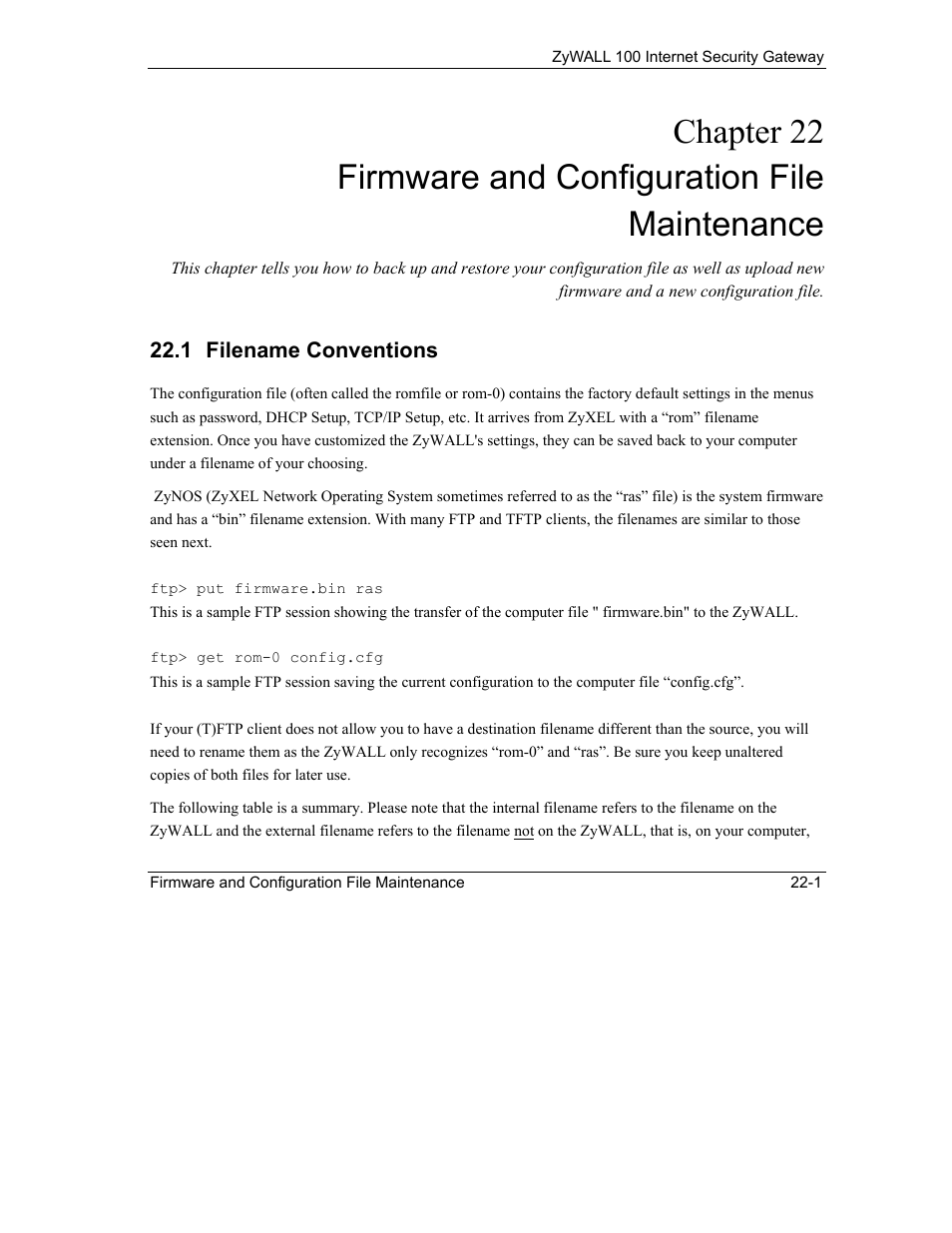 Firmware and configuration file maintenance, Filename conventions | ZyXEL Communications Internet Security Gateway ZyWALL 100 User Manual | Page 230 / 356