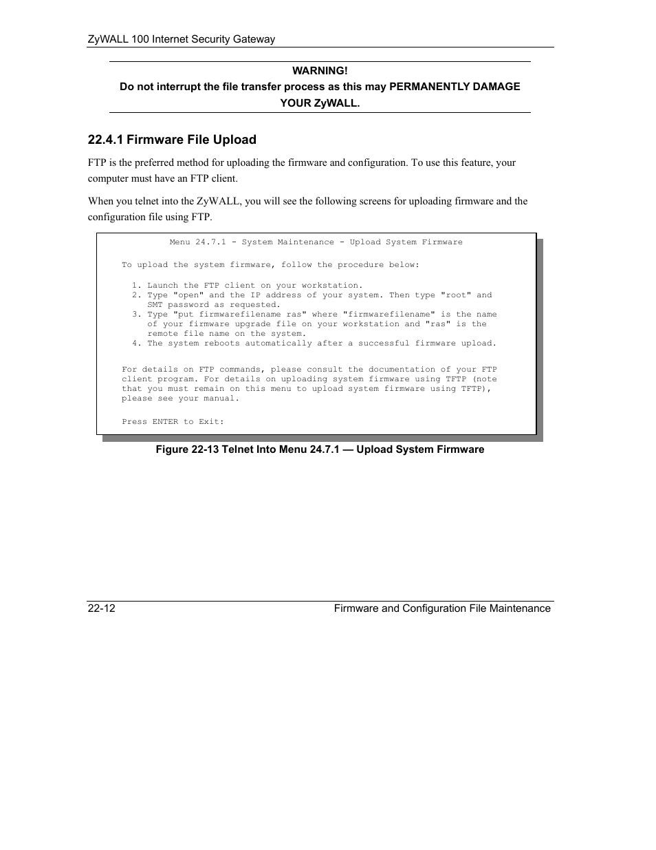 1 firmware file upload | ZyXEL Communications Internet Security Gateway ZyWALL 100 User Manual | Page 241 / 356