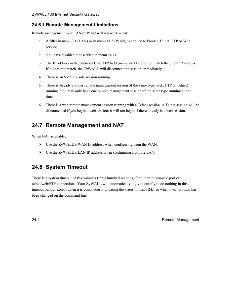 Remote management and nat, System timeout, 7 remote management and nat | 8 system timeout | ZyXEL Communications Internet Security Gateway ZyWALL 100 User Manual | Page 261 / 356