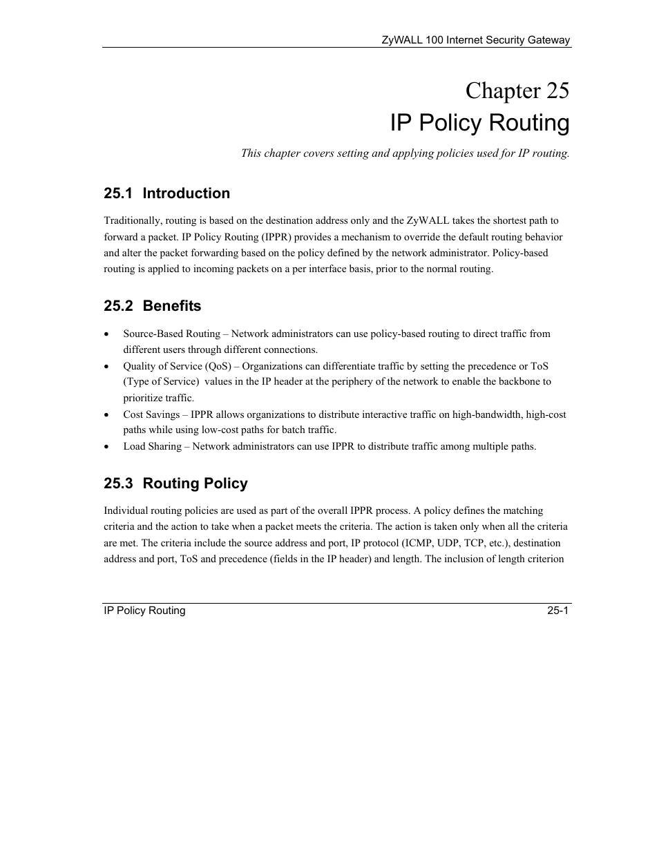 Ip policy routing, Introduction, Benefits | Routing policy, Chapter 25 ip policy routing | ZyXEL Communications Internet Security Gateway ZyWALL 100 User Manual | Page 264 / 356