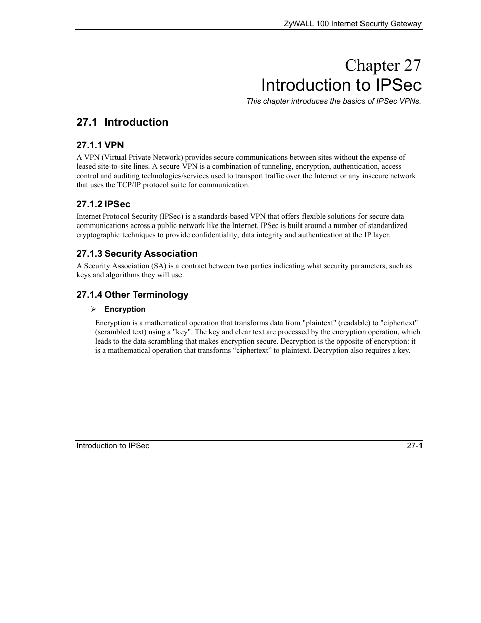 Introduction to ipsec, Introduction, Chapter 27 introduction to ipsec | ZyXEL Communications Internet Security Gateway ZyWALL 100 User Manual | Page 278 / 356