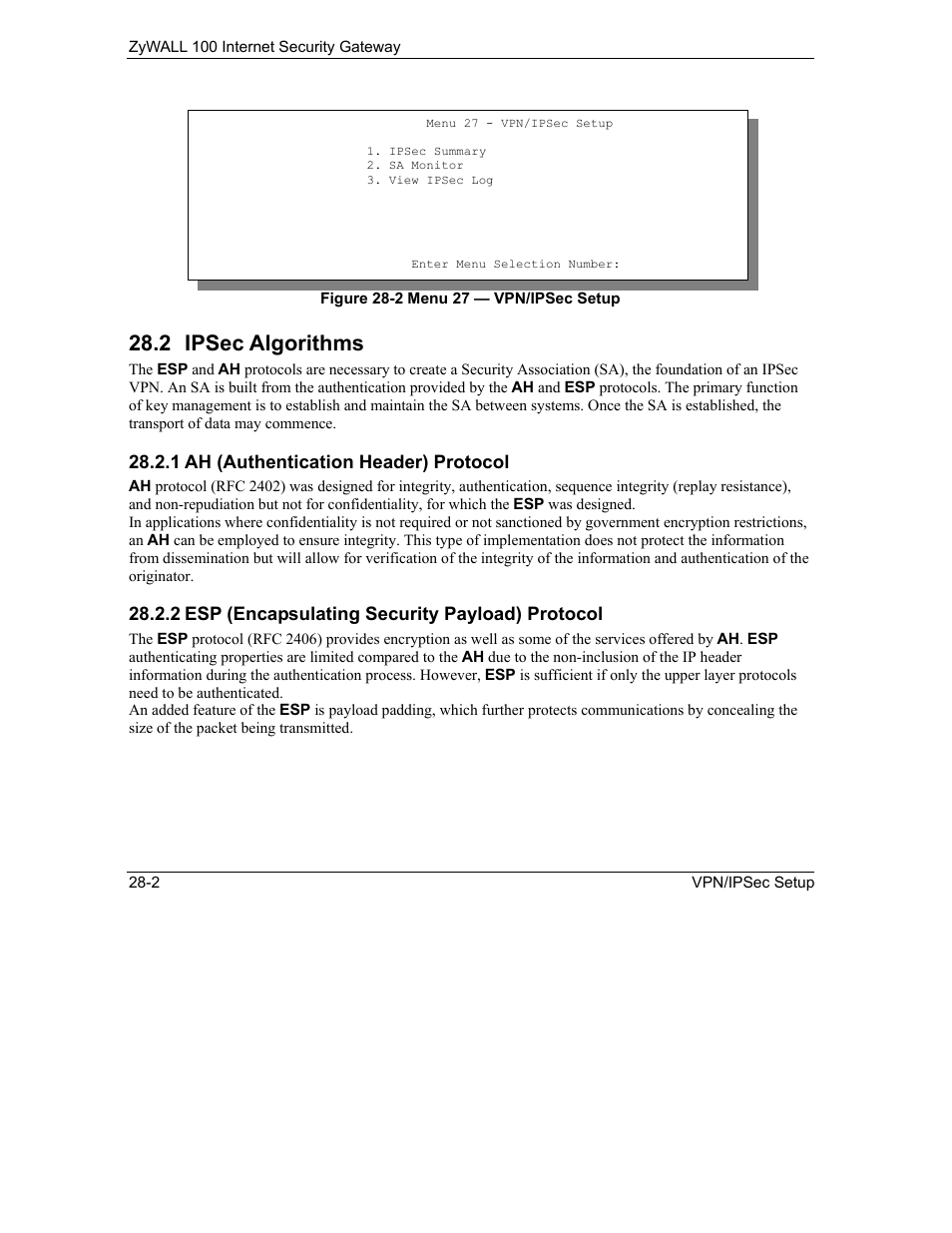 Ipsec algorithms, 2 ipsec algorithms | ZyXEL Communications Internet Security Gateway ZyWALL 100 User Manual | Page 285 / 356