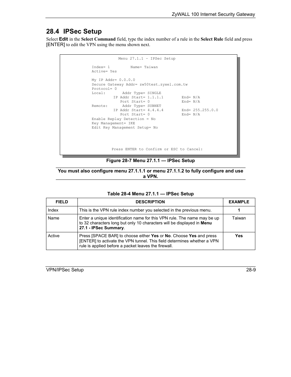 Ipsec setup, 4 ipsec setup | ZyXEL Communications Internet Security Gateway ZyWALL 100 User Manual | Page 292 / 356