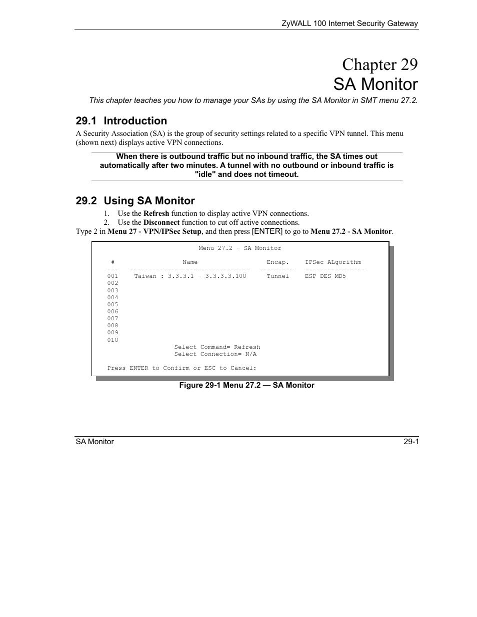 Sa monitor, Introduction, Using sa monitor | Chapter 29 sa monitor, 1 introduction, 2 using sa monitor | ZyXEL Communications Internet Security Gateway ZyWALL 100 User Manual | Page 304 / 356
