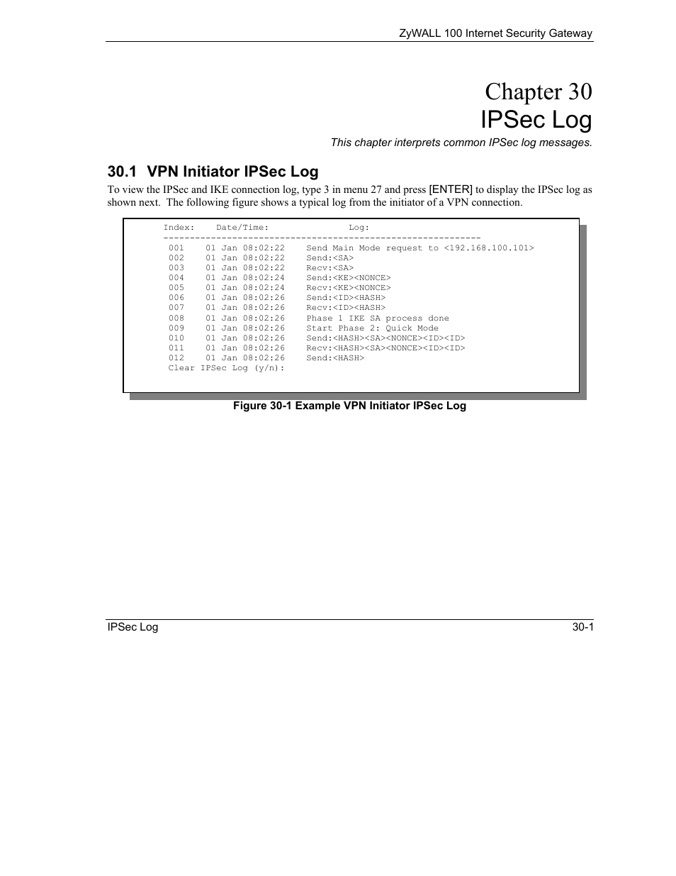 Ipsec log, Vpn initiator ipsec log, Chapter 30 ipsec log | ZyXEL Communications Internet Security Gateway ZyWALL 100 User Manual | Page 306 / 356