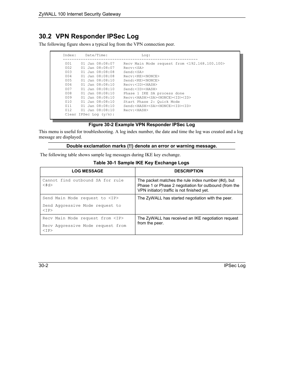 Vpn responder ipsec log, 2 vpn responder ipsec log | ZyXEL Communications Internet Security Gateway ZyWALL 100 User Manual | Page 307 / 356