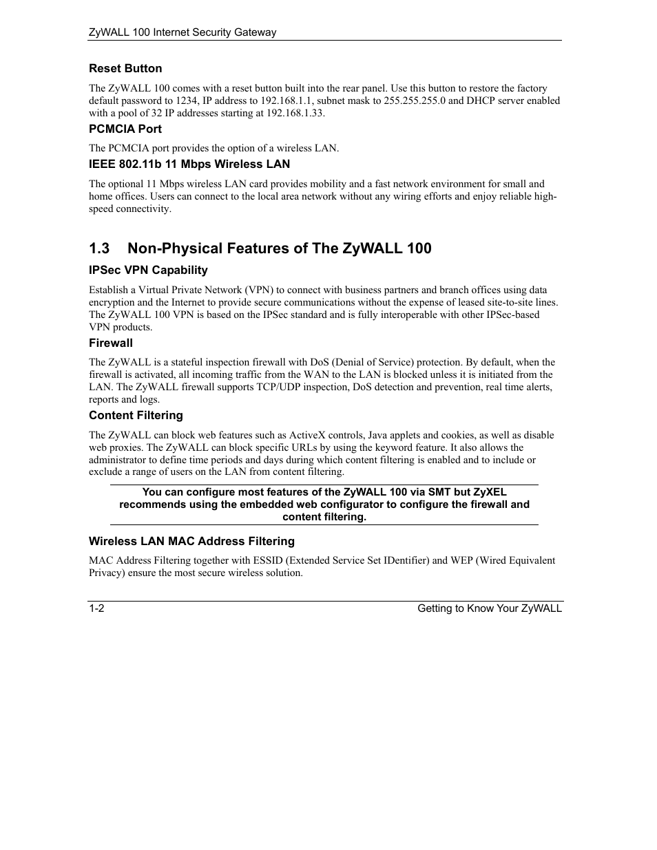 Non-physical features of the zywall 100, 3 non-physical features of the zywall 100 | ZyXEL Communications Internet Security Gateway ZyWALL 100 User Manual | Page 31 / 356