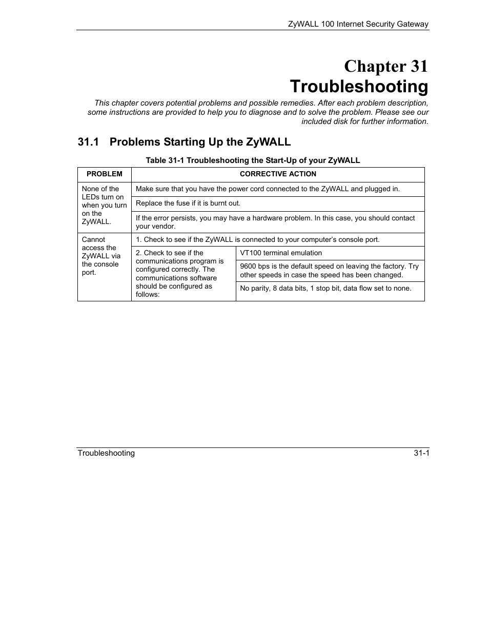 Troubleshooting, Problems starting up the zywall, Chapter 31 troubleshooting | 1 problems starting up the zywall | ZyXEL Communications Internet Security Gateway ZyWALL 100 User Manual | Page 313 / 356