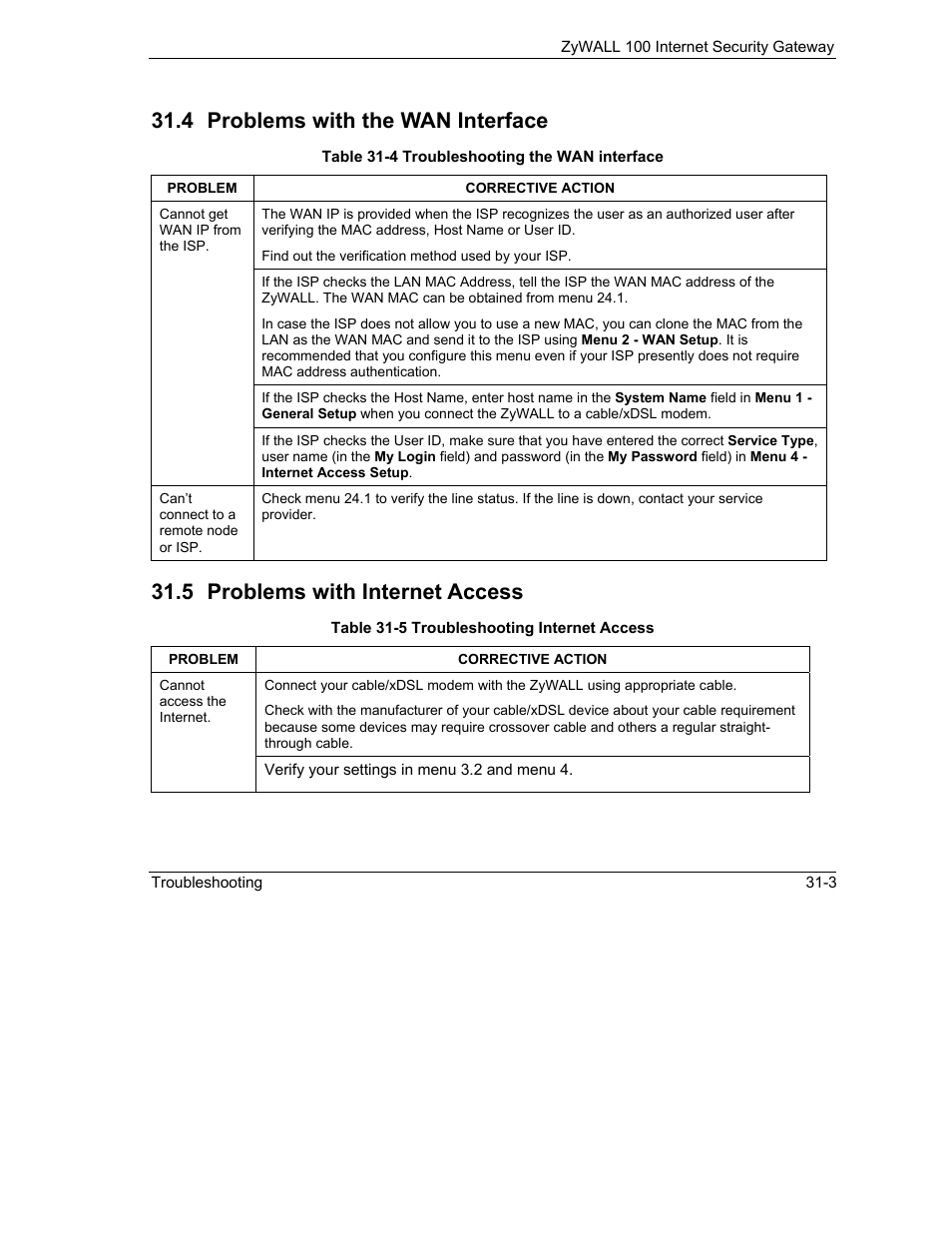Problems with the wan interface, Problems with internet access, 4 problems with the wan interface | 5 problems with internet access | ZyXEL Communications Internet Security Gateway ZyWALL 100 User Manual | Page 315 / 356