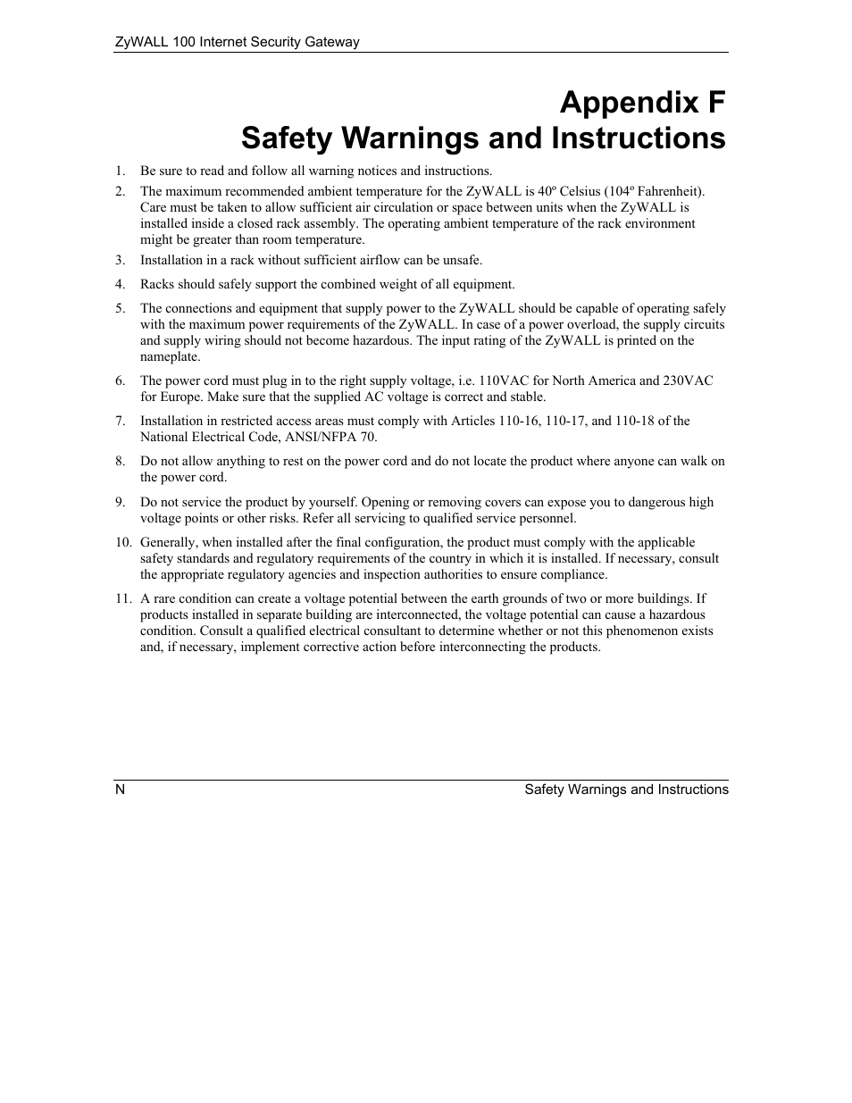 Appendix f safety warnings and instructions | ZyXEL Communications Internet Security Gateway ZyWALL 100 User Manual | Page 330 / 356